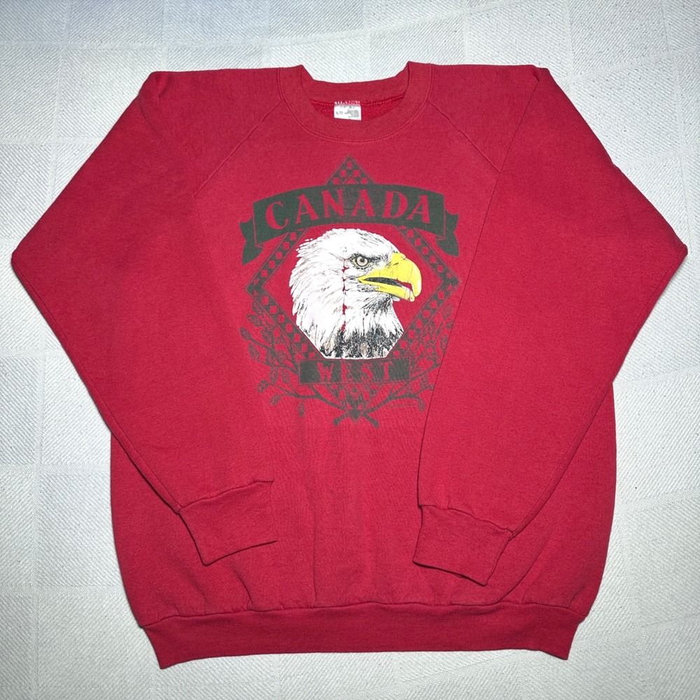 Vintage Canada West Sweatshirt Size XL Bald Eagle Red Raglan Crewneck 80s 90s